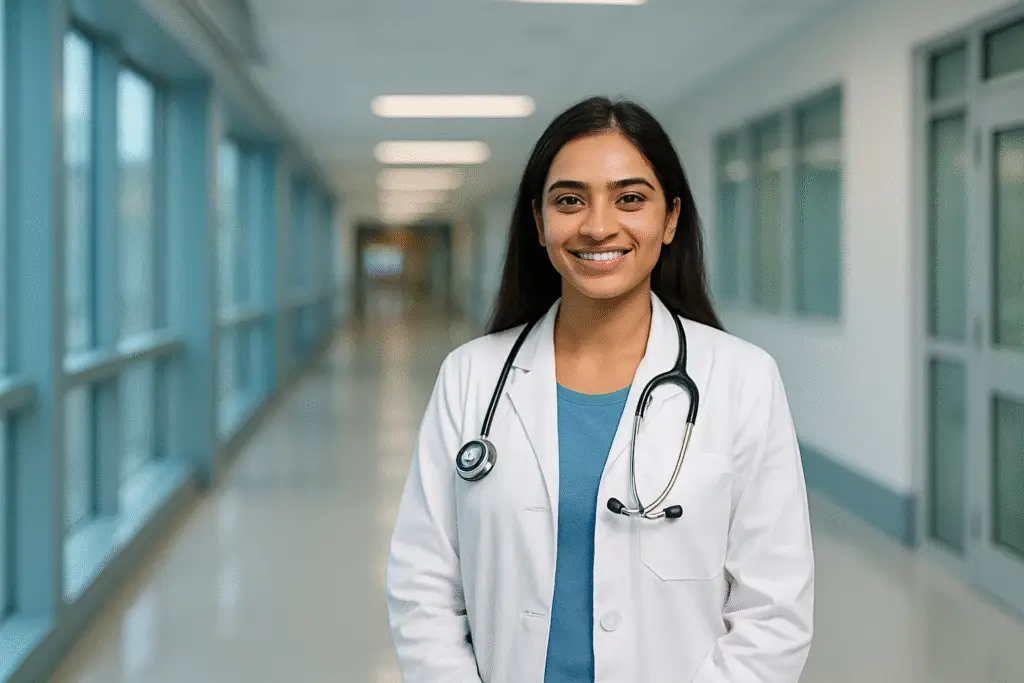 Smiling young Indian female medical student in a white doctor's coat with stethoscope, standing in front of a blurred hospital background