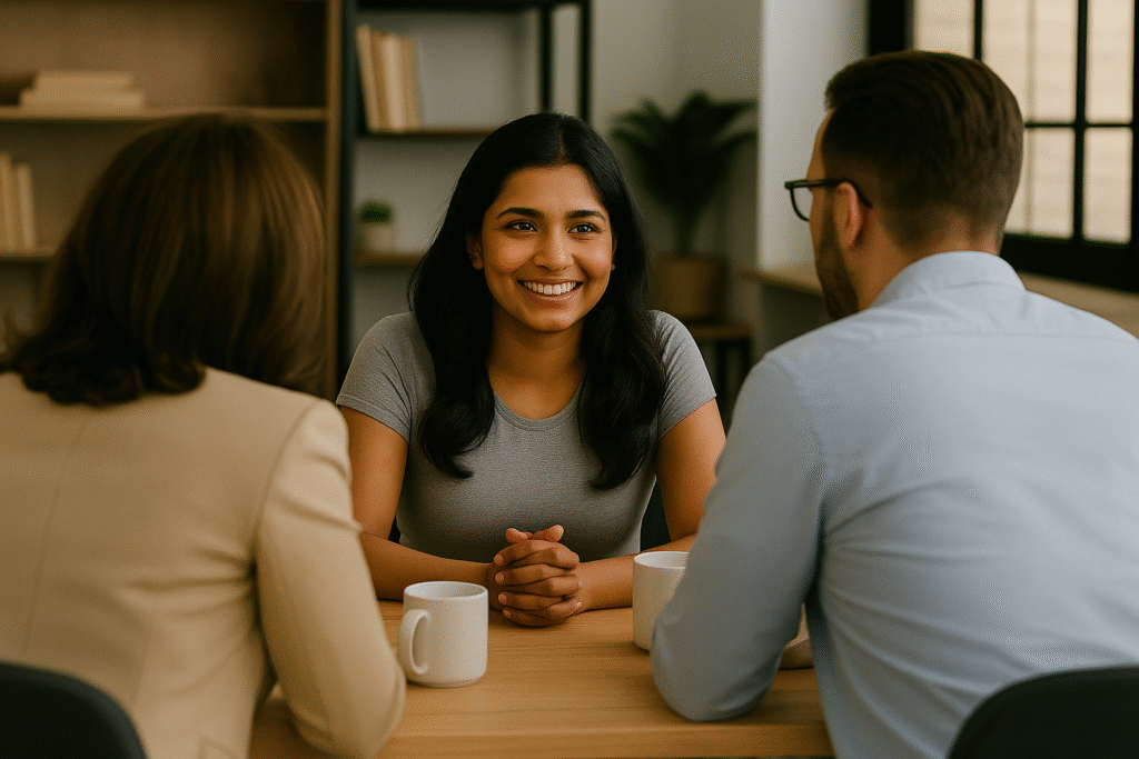 Indian female student smiling while receiving abroad education counseling in a modern office setting